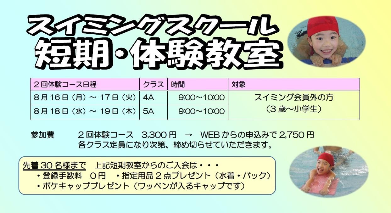 ジュニアスイミングスクール まだ間に合う 夏の２日間体験専用コース スポーツクラブ ビッグ エス大日